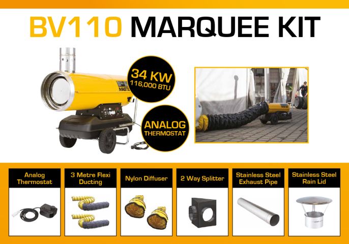Master BV110 240 Volt Marquee Kit With 2 x 3 Metre Ducting, Analog Thermostat & Accessories BV110MKP13