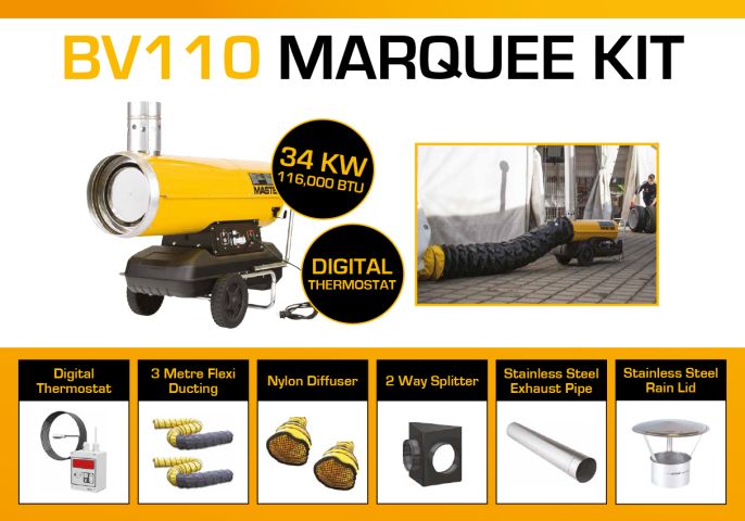 Master BV110DV 240 Volt Marquee Kit With 2 x 3 Meter Ducting, Digital Thermostat & Accessories BV110MKP13D