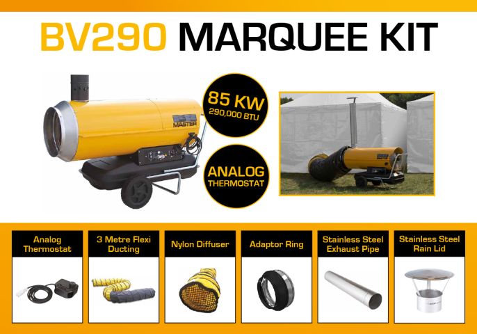 Master BV290DV Marquee Kit With 3 Metre Ducting, Analog Thermostat & Accessories BV290MKP7