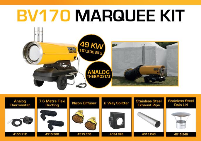 Master BV170DV Marquee Kit With 2 x 7.6 Metre Ducting, Analog Thermostat & Accessories BV170MKP6
