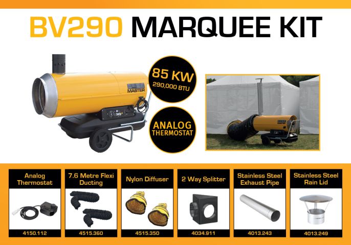 Master BV290DV Marquee Kit With 2 x 7.6 Metre Ducting, Analog Thermostat & Accessories BV290MKP10