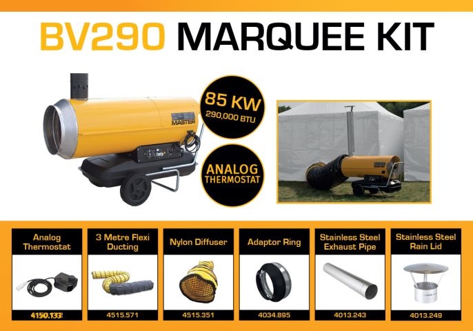 Master BV290DV Marquee Kit With 3 Metre Ducting, Analog Thermostat & Accessories BV290MKP7