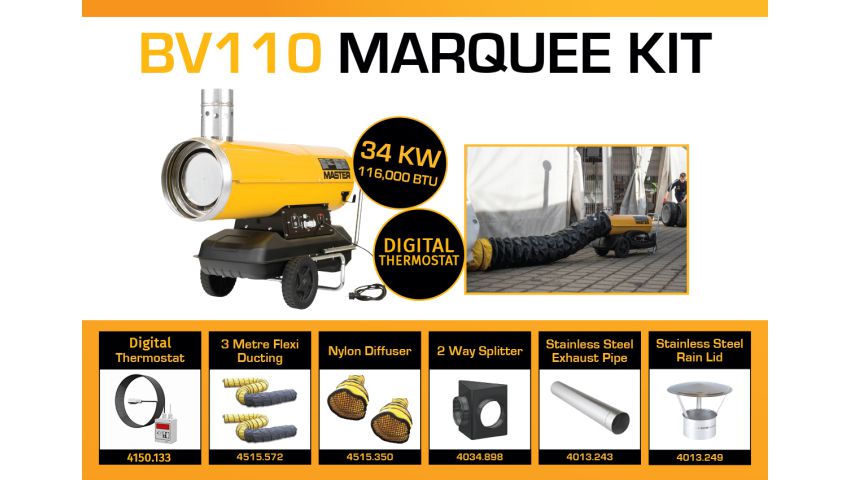 Master BV110DV 240 Volt Marquee Kit With 2 x 3 Meter Ducting, Digital Thermostat & Accessories BV110MKP13D
