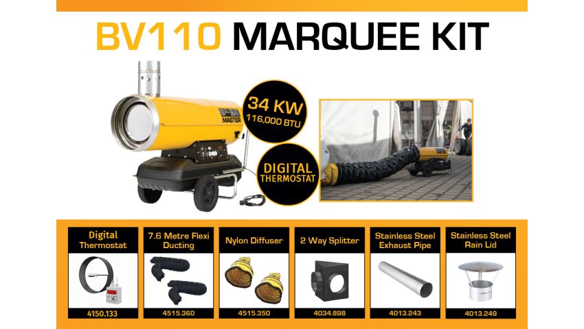 Master BV110DV 240 Volt Marquee Kit With 2 x 7.6 Meter Ducting, Digital Thermostat & Accessories BV110MKP14D