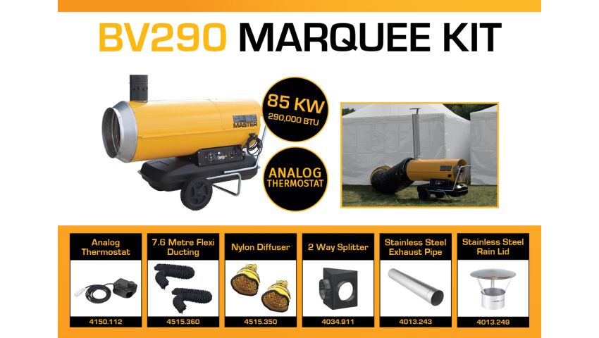 Master BV290DV Marquee Kit With 2 x 7.6 Metre Ducting, Analog Thermostat & Accessories BV290MKP10