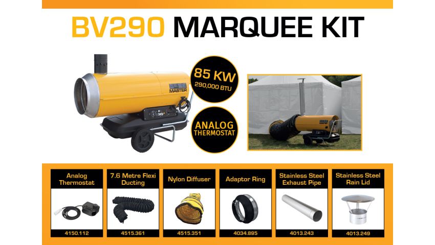 Master BV290DV Marquee Kit With 7.6 Metre Ducting, Analog Thermostat & Accessories BV290MKP8
